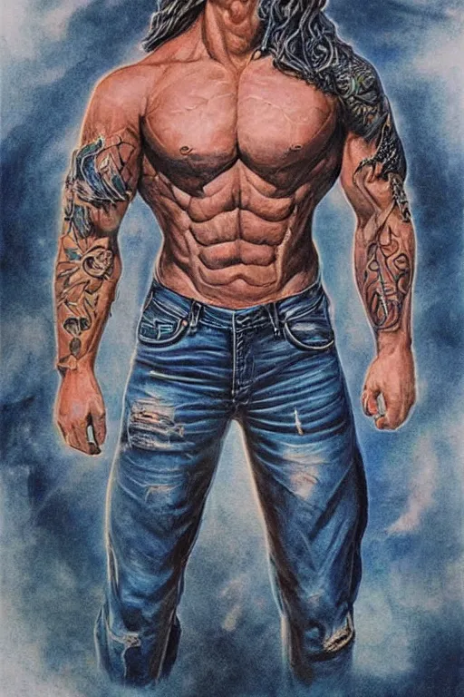 Image similar to Portrait of frontal standing pose torso of a very attractive muscular man in old blue jeans. Heavily all his skin is covered by Mayan BIKER tattoos, surrounded by magic lightings overlays, Intricate, concept art, magic lighting overlays, magical portal opened, D&D!, fantasy style, sharp focus!, ultra detailed, art by Artgerm and Peter Andrew Jones, WLUP, Magali Villeneuve