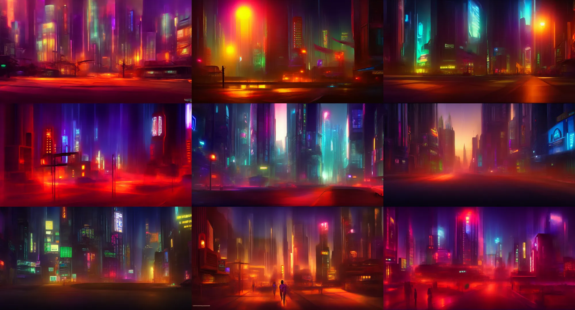 Prompt: Cyberpunk city at night, realistic lighting, pixar color script painting by Lou Romano, Dreamworks, Disney Pixar, acescg colorspace