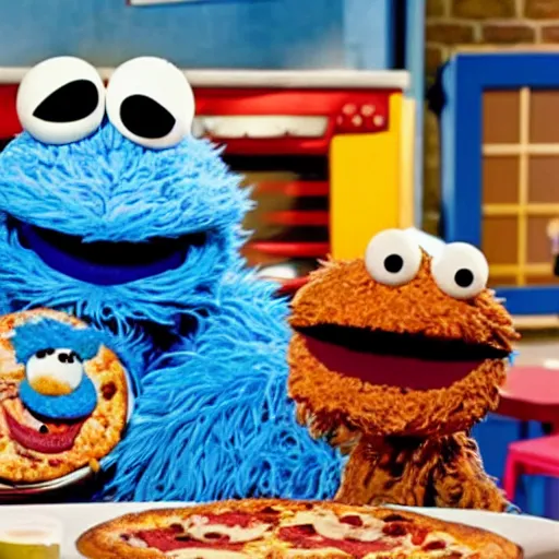 Image similar to Cookie Monster Muppet on Sesame Street eating pizza in secret, happy