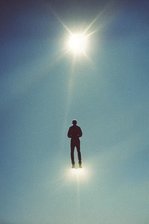 Image similar to agfa vista 4 0 0 photograph of a spaceship abducting a person, floating mid air, lens flare, back view, moody lighting, moody vibe, telephoto, 9 0 s vibe, grain, vintage, tranquil, calm, faded