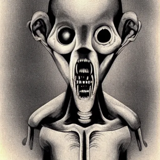 Prompt: humanoid with crooked teeth, two shallow black eyes, long open black mouth, alien looking, big forehead, horrifying, killer, creepy, photo turning slightly yellow, long open black mouth, dead, looking straight into camera, realistic, slightly red, long neck, boney, monster, tall, skinny, skullish, deathly, in the style of alfred kubin