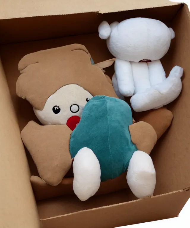 Prompt: a plushie in a cardboard box