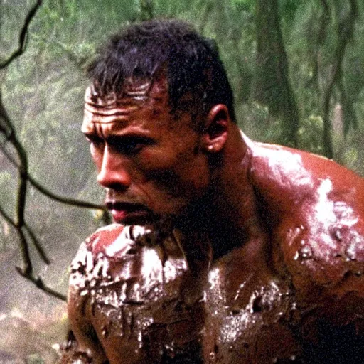 Image similar to film still of a mud - covered dwayne johnson as dutch looking in panic in predator 1 9 8 7, hd, 8 k