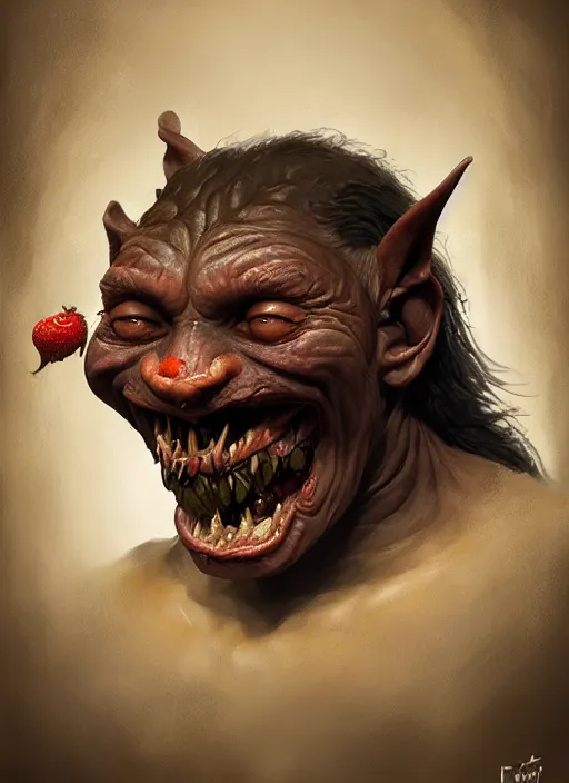 Prompt: face portrait of a medieval goblin eating cakes, beautiful face, hyper realistic, highly detailed, digital painting, artstation, illustration, concept art by hyung tae and frank frazetta, digital paint, matte paint, washed colors, dark, gloomy