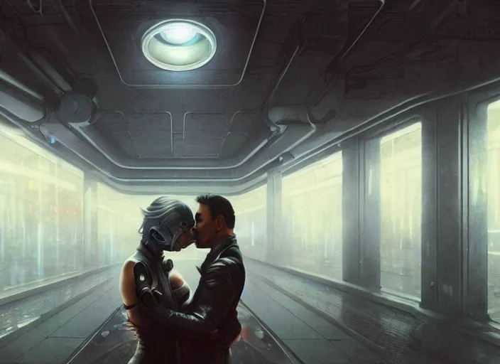 Image similar to ultra realistic medium shot of a couple of cyborgs kissing, lovers, cyberpunk, sci - fi, kodak, colour led, soft light, volumetric lighting, fog, rays, night, rain, metro station, intricate detailed, digital painting, concept art, smooth, sharp focus, illustration, art by artgerm and greg rutkowski and alphonse mucha