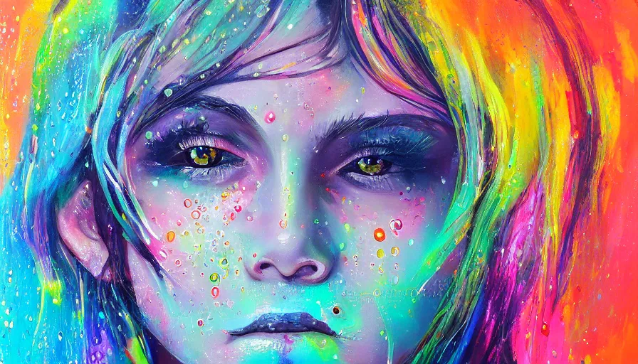 Image similar to sweet dreams, front female face, painting on canvas, watedrops, water droplets, acrylic painting, acrylic pouring, painting, influencer, artstation - h 8 0 0