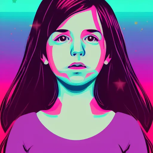 Image similar to a portrait of little girl in retro colors, synthwave style, 2 d digital vector art