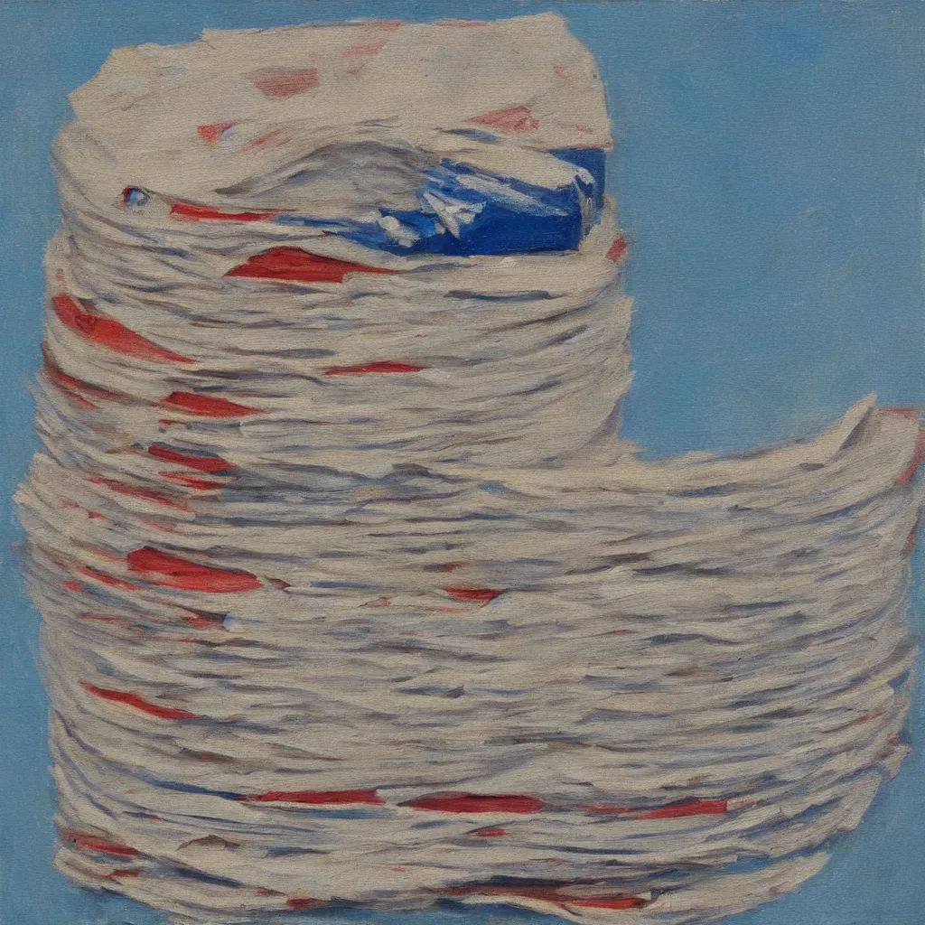 Image similar to oil painting of a very thick roll of newspaper standing vertically against a blue background, impressionist artwork
