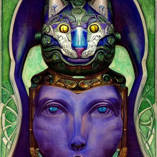 Prompt: beautiful ornate mechanical robot cat head, by annie swynnerton and diego rivera and nicholas roerich and jean delville, symbolist, dramatic lighting, god rays, elaborate geometric ornament, art brut, colors are soft greens and blues and purple, smooth, sharp focus, extremely detailed, adolf wolfli and ( donato giancola )