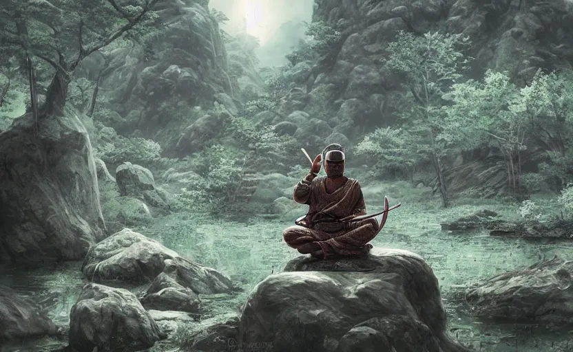 Image similar to highly detailed digital illustration of shinobi warrior meditating in wet japanese battlefield from sengoku period, surrounded by dense rock formations, high in mountains, cinematic lighting, photobash, raytracing, volumetric lighting