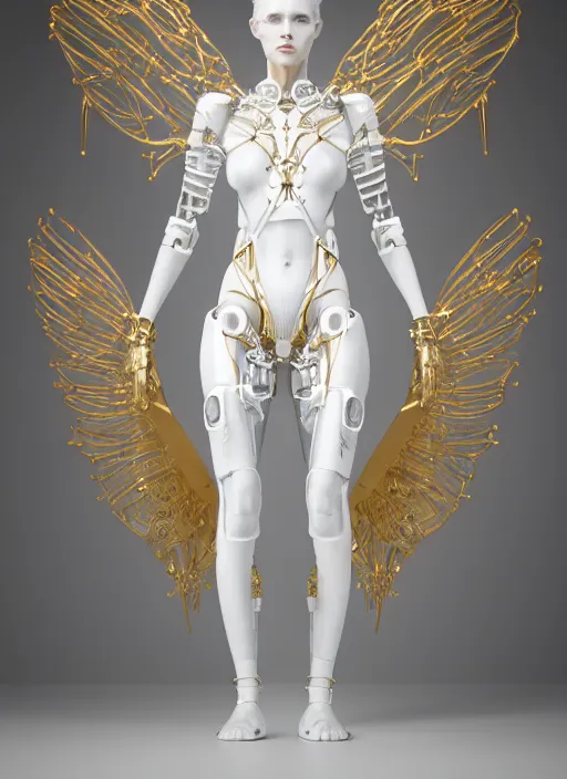 Image similar to a statue made of white marble with gold veins, of an beautiful gorgeous futuristic cybernetic angel girl, prostheses, transhumanism, full body shot, perfect symmetrical body, perfect symmetrical face, hyper realistic, hyper detailed, by johannen voss, by peter kemp, by monia merlo, by michelangelo, octane render, blender, 8 k