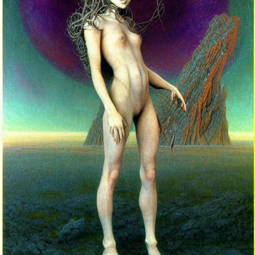 Prompt: cute young vampire tomboy girl with short dark hairs on lovecraftian planet by jean delville by luis royo and wayne barlowe, beksinski