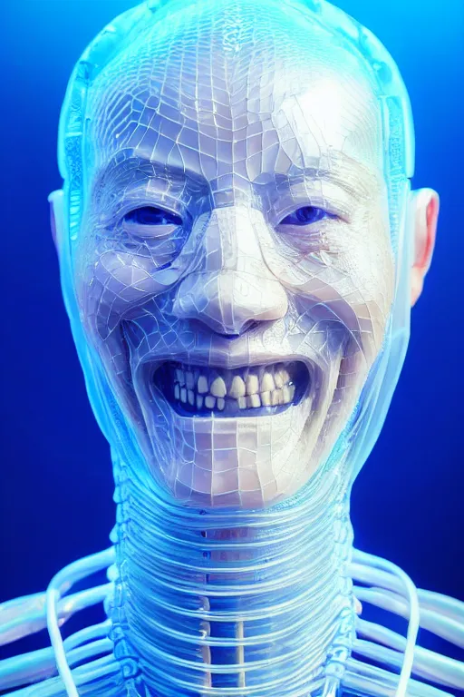 Image similar to hyperrealistic close-up translucent intricate exoskeleton!! smiling chinese man covered highly detailed concept art eric zener elson peter cinematic side soft blue light high angle hd 8k sharp shallow depth of field