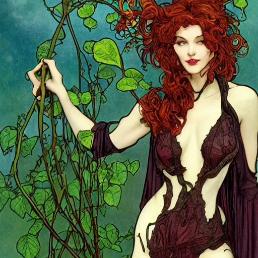 Image similar to a beautiful picture of doctor poison ivy professor of botany holding office hours, academic clothing, dark eyeliner, intricate, elegant, highly detailed, digital painting, artstation, concept art, matte, sharp focus, illustration, art by rebecca guay and by arthur rackham and by alphonse mucha and by john william waterhouse