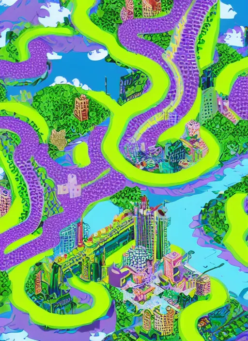 Image similar to isometric snake oil cityscapes islands, green and purple big waterfall, in the ornate snakelike swirled clouds, by krynski and Jeehyun lee