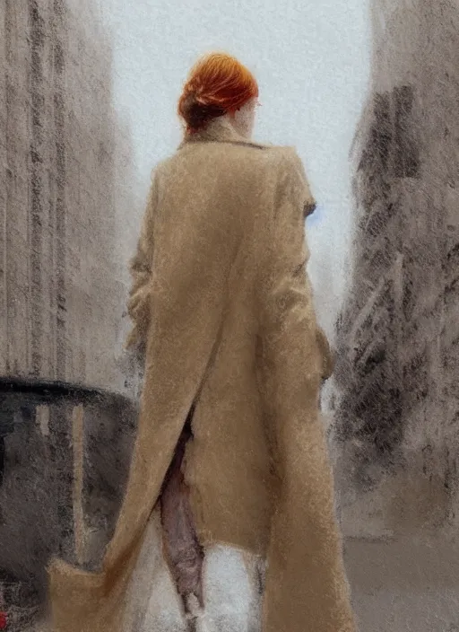 Image similar to back of emma stone in beige coat, walking into new york apartment building in winter, zoomed out, artwork by gaston bussiere, craig mullins, trending on artstation