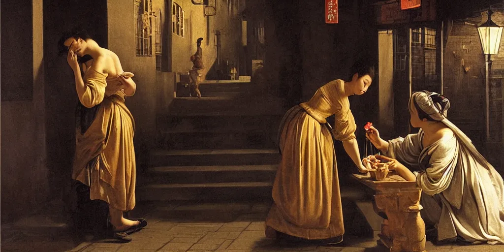 Image similar to beautiful oil matte portrait painting, man offering a flower to a woman in a tokyo alley at night, raining, wonderful masterpiece highly detailed, beautiful cinematic light deep focus, elegant, digital painting, smooth, sharp focus, golden ratio, dramatic illumination, ultra realistic, 8 k, art by artemisia lomi gentileschi and caravaggio