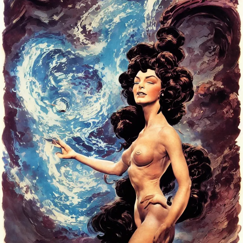 Image similar to portrait of a woman with swirling hair and fractal skin by frank frazetta, retrofuturism, psychedelic art reimagined by industrial light and magic