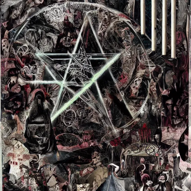 Prompt: satanic ritual, pentagram, surrealistic collage art