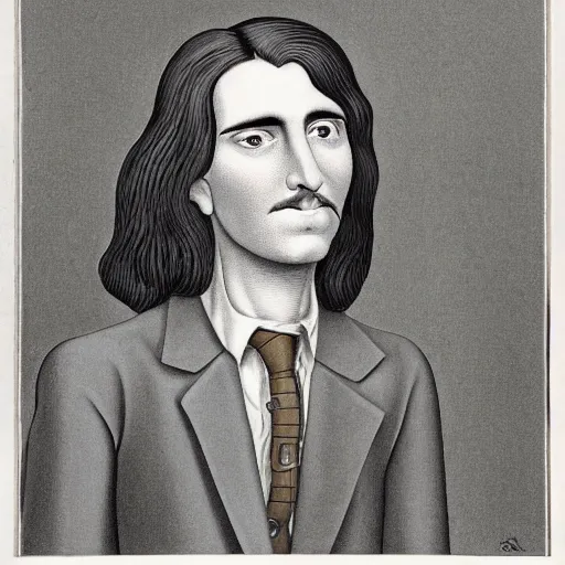 Image similar to young man, long hair!!!!, short facial hair, no mustache, dark green eyes, dark eyebrows, light widows peak light facial hair, in the style of mauritz cornelis escher, in - frame