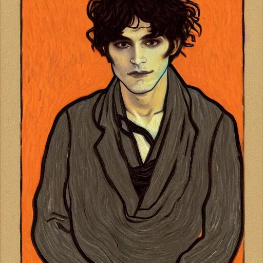 Image similar to painting of young cute handsome beautiful dark medium wavy hair man in his 2 0 s named shadow taehyung at the halloween pumpkin jack o'lantern party, depressed, melancholy, autumn, japan, elegant, clear, painting, stylized, delicate, soft facial features, delicate facial features, soft art, art by alphonse mucha, vincent van gogh, egon schiele