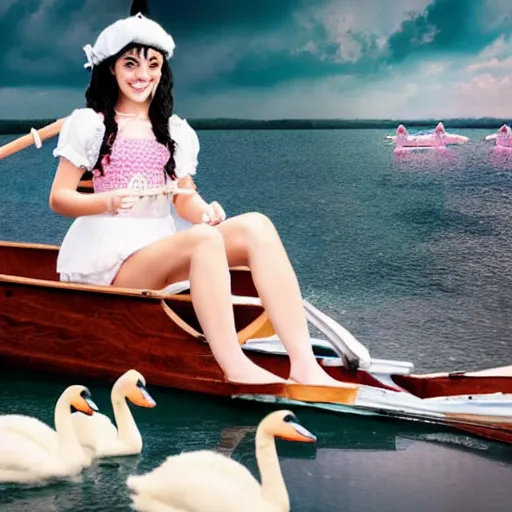 Image similar to realistic photo of Melanie Martinez rowing a boat across a big pond with lillpads and swans