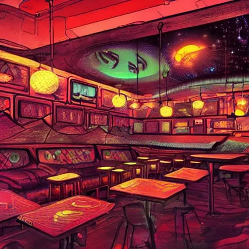 Prompt: interior of a busy dive bar on an alien planet, cinematic, epic sci-fi art