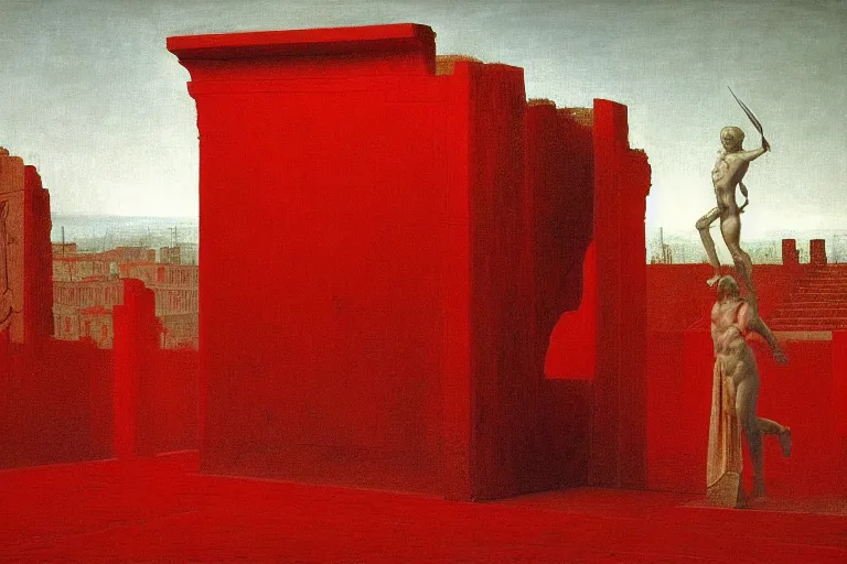 Image similar to only with red, caesar after win war, the deal, a red tiger, in hoc signo vinces, rome in background, an ancient path, in the style of beksinski, part by hopper, part by rodcenko, part by hofbauer, intricate composition, red by caravaggio, insanely quality, highly detailed, masterpiece, red light, artstation