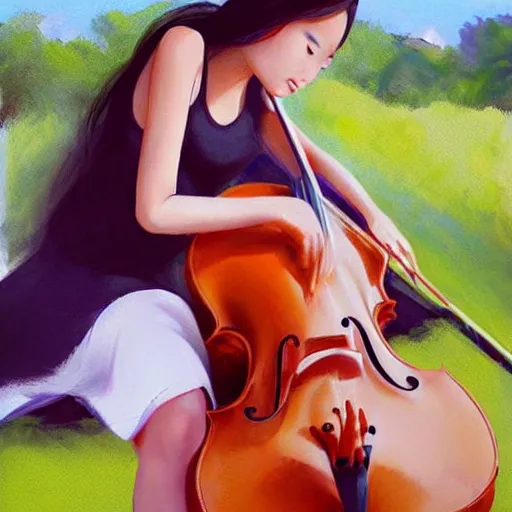 Image similar to a young asian girl in a white slip dress playing a cello in the sun by artgerm.