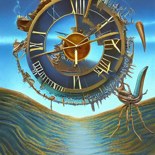 Prompt: surrealist landscape, clock melting, ant city, painting, highly detailed