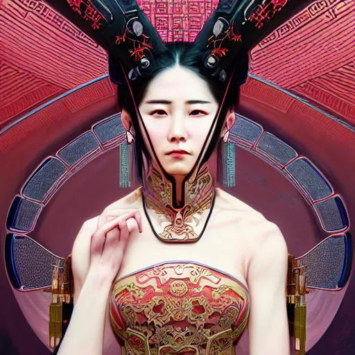 Image similar to a portrait of a female cyberpunk machine, machine face, upper half portrait, decorated with chinese opera motifs, asian, fine china, wuxia, traditional chinese art, intricate, elegant, highly detailed, symmetry, headpiece, digital painting, artstation concept art smooth sharp focus, illustration, art by artgerm and greg rutkowski alphonse mucha 8 k