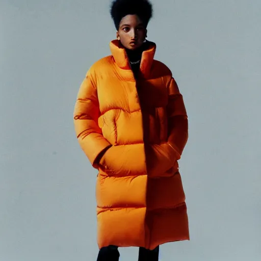 Image similar to realistic! photoshoot for a new balenciaga lookbook, color film photography, portrait of a beautiful woman wearing a puffer blazer, photo in style of tyler mitchell, 35mm