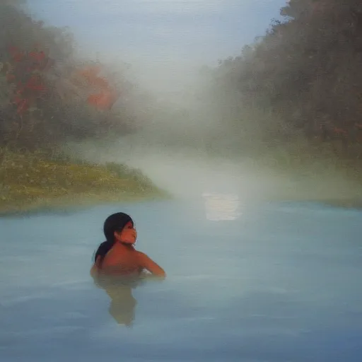 Prompt: oil painting of nepali village girl in her 2 0 s, bathing in a river, early foggy morning