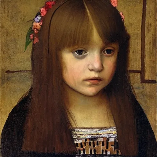 Image similar to “portrait of brownhair medieval child girl with flowers over her head, artwork, academic, sharp focus”