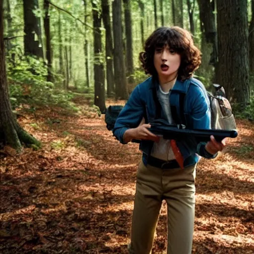 Image similar to Finn Wolfhard (Mike Wheeler) for Stranger Things holding a gun and running in a forest, dramatic lighting, cinematic, establishing shot, extremely high detail, photo realistic, cinematic lighting