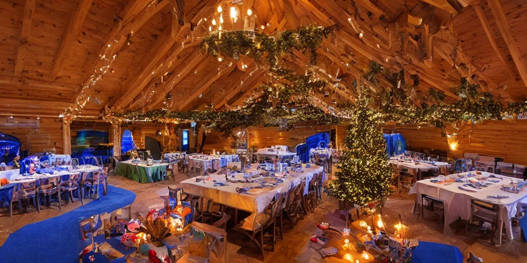 Image similar to Playrix Fishdom event room, chalet lit by garlands in the mountains on a winter night