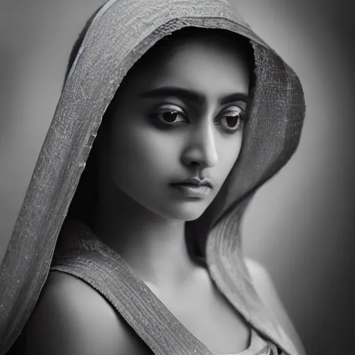Prompt: beautiful female angel, south Asian, asymmetrical face, ethereal volumetric light, sharp focus