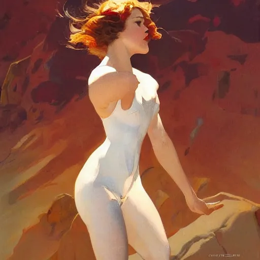 Prompt: an attractive female standing on a cliff, looking out at a red ocean, jc leyendecker!! phil hale!, angular, brush strokes, painterly, vintage, crisp