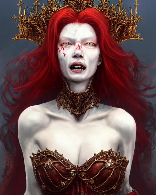 Prompt: redhead queen in heavy red armor, inside an epic gothic castle, baroque, large crown, face with scars, mad grin, insane smile, intimidating, ominous, high fantasy, intricate detail, digital painting, artstation, concept art, smooth, sharp focus, illustration, art by yoshitaka amano and monia merlo and wlop