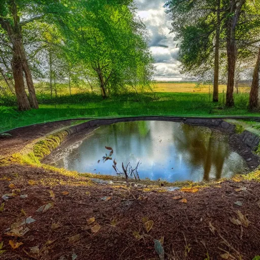 Image similar to a cinematic view looking out a window into an open field, wind blows the leaves, and the sun shines through the parted clouds, a small creek runs through the backyard