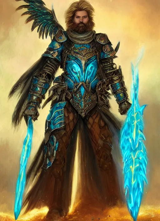 Image similar to A Human Male Paladin, highly detailed face, glowing white eyes, shaggy hair, scruffy brown beard, Teal flames surrounding, medium armor, wings, fantasy, intricate, elegant, highly detailed, digital painting, artstation, concept art, smooth, sharp focus, illustration, art by Larry Elmore and Jeff Easley and Clyde Caldwell