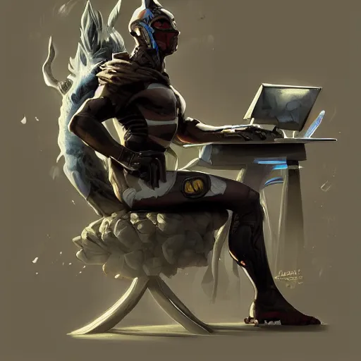 Image similar to a insanely detailed painting of a nft superhero wearing a costume, sitting at a computer desk, nervously and clicking on the mouse, in the style of peter mohrbacher, dramatic lighting and composition, trending on artstation, concept art, comic book