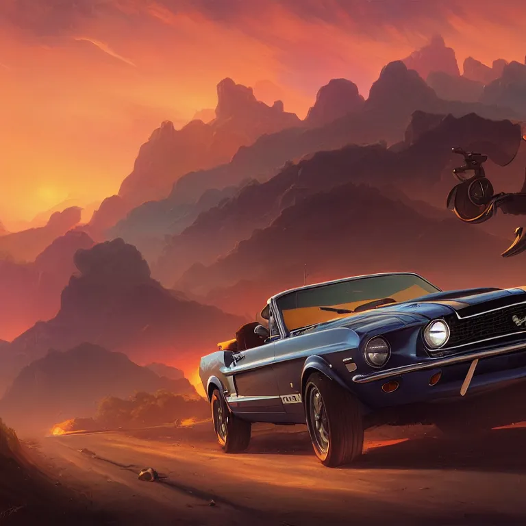 Prompt: wide view of a 1 9 6 8 mustang driving down a country road, coriolios rpg art style, full of details, warm sunset colors, matte painting, artstation, 8 k, hyperrealistic, style of peter mohrbacher, album cover