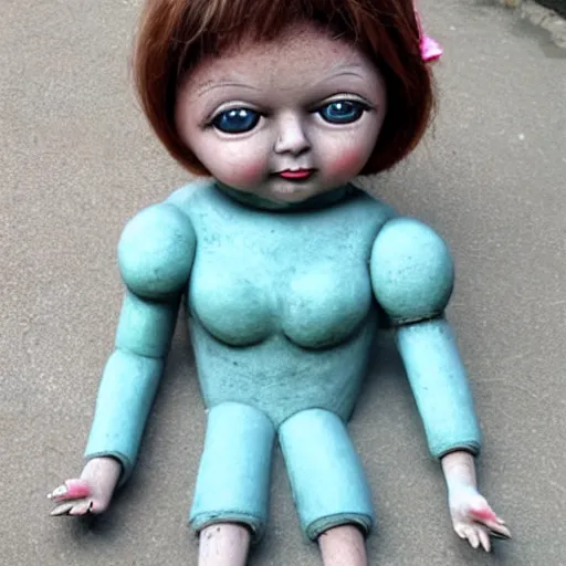 Prompt: a 3d photo of a cute ball-jointed doll made of concrete decorated with children's chalk art