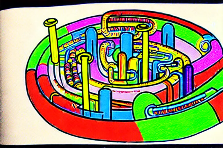 Image similar to an elaborate penned child illustration of a colorful intricate connected city of tubes and pipes, by martin handford and by jan van haasteren