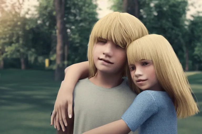 Image similar to blond boy hugging a brunette girl with straight hair, in a park, Polaroid, Closeup, Closeup-View, Octane render, Unreal Engine