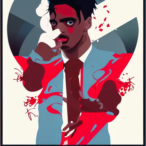 Prompt: Poster Art for Playboi Carti as a Vampire, Vector art, Geometric 3d shapes, Whole Lotta Red, Paper Marbling, Red smoke, by Sachin Teng, Trending on artstation