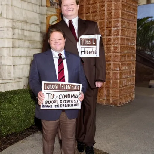 Image similar to Andy Richter is wearing a chocolate brown suit and necktie, holding a sign that reads Stop making these images of me of I WILL tell Conan!!