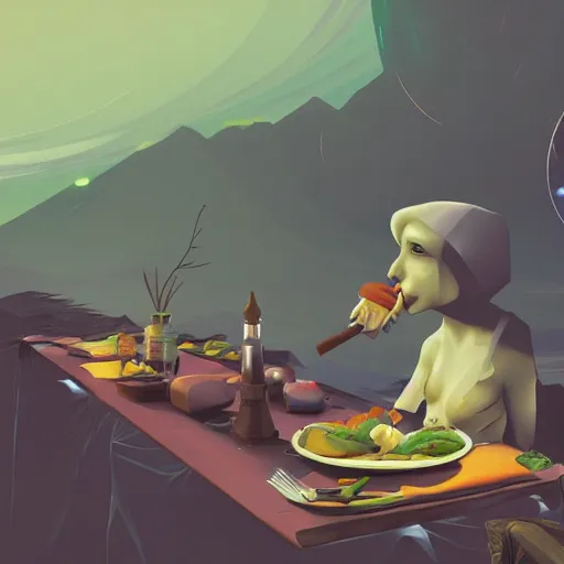 Image similar to interloper consuming food in no man's sky, fantasy art