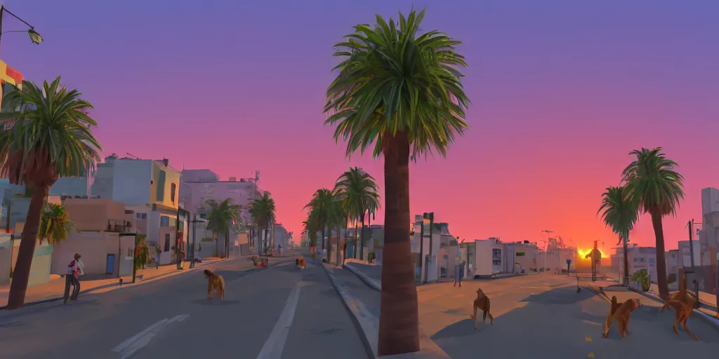 Image similar to sunset over the streets of tel aviv. colorful. highly detailed. palm trees. dogs. 8 k. artstation trending. low poly art